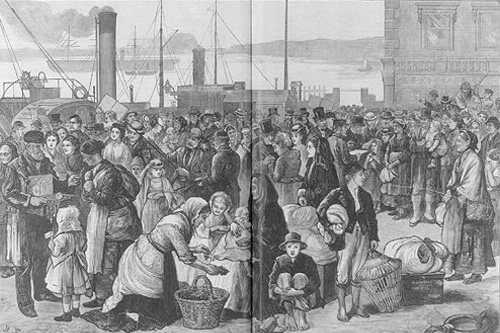 Black and white drawing of Irish immigrants getting on a ship