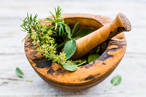 Herbs in mortar and pestle