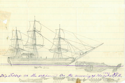 Sketch of the ship, the Essex on yellow paper