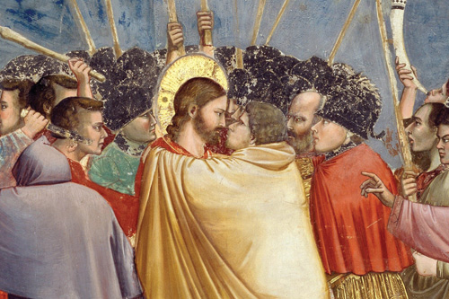 "The Kiss of Judas" is a traditional depiction of Judas by Giotto di Bondone, c. 1306. Fresco in the Scrovegni Chapel, Padua.