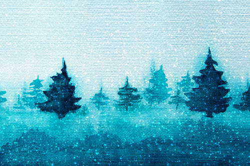 Watercolor painting of a forest of blue pine trees
