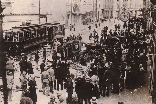 Crowds on the streets in the aftermath of the anti-Serb riots in Sarajevo, 29 June 1914
